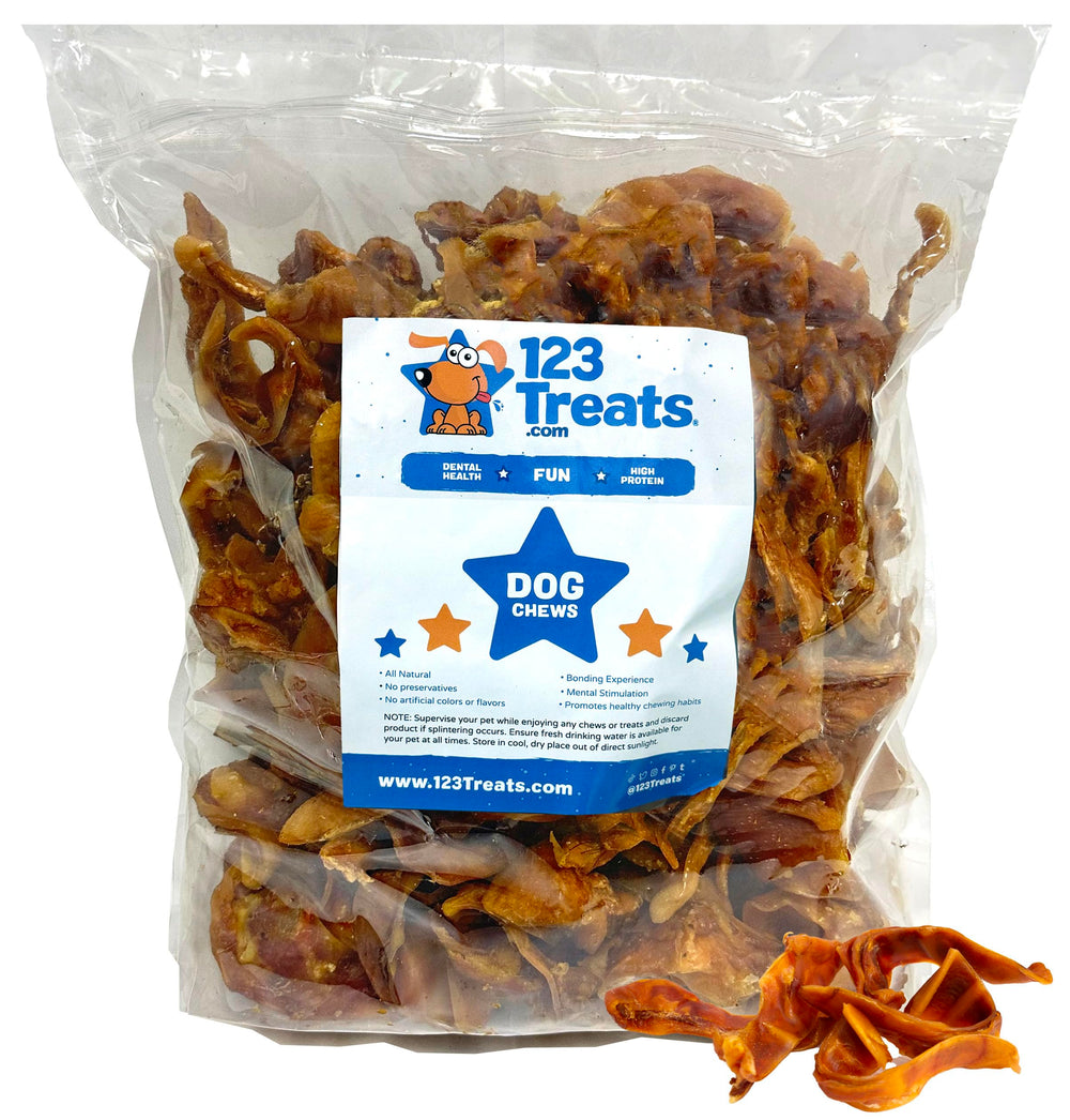 123 Treats bulk pig ears bag front—natural single-ingredient dog chew
