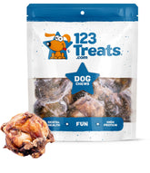 123 Treats Knee Cap Beef Bones packaging shows natural ingredients for long-lasting chewing.