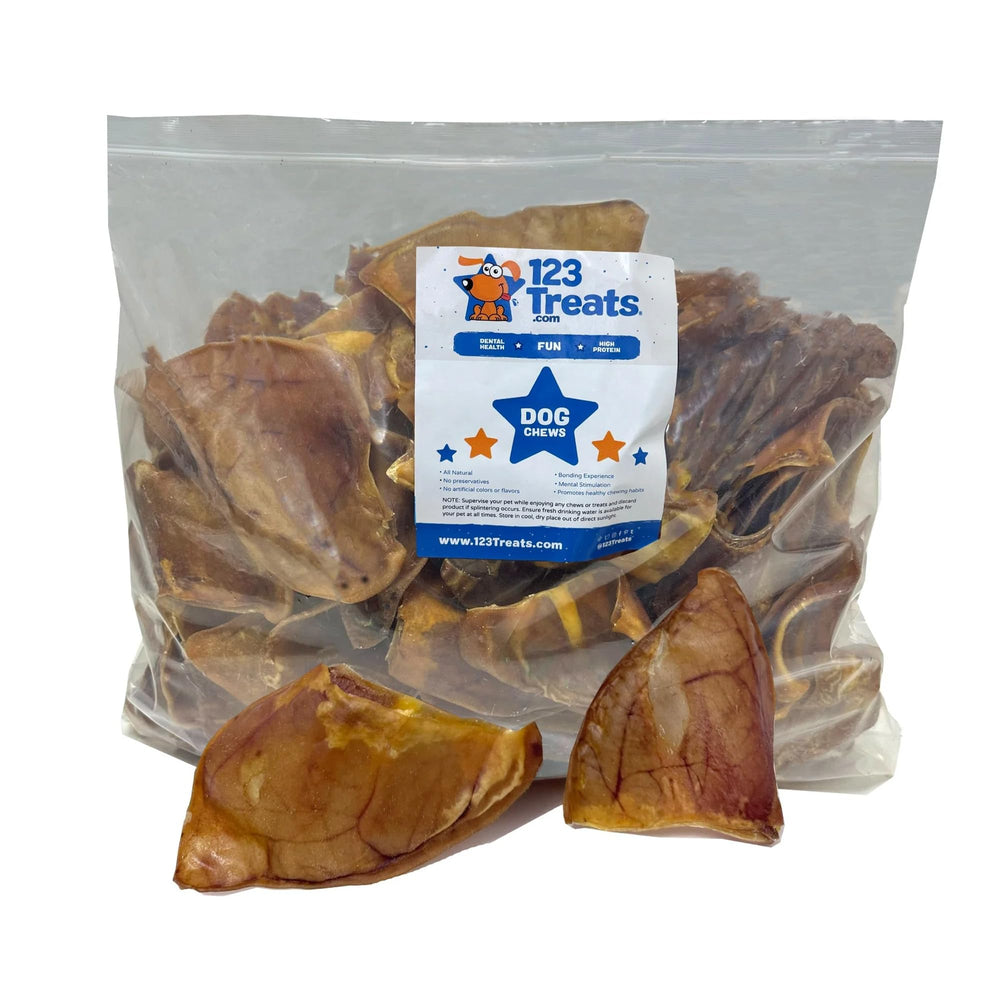 123 Treats natural pig ears for dogs in bulk-pack highlighting long-lasting chew sessions.