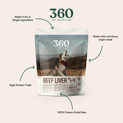 360 Pet Nutrition beef liver treats bag open, ready for quick training rewards.