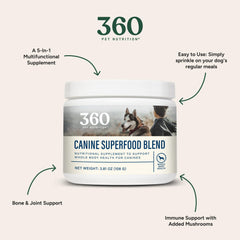 360 Pet Nutrition Canine Superfood Boost topper on meal boosts nutrition