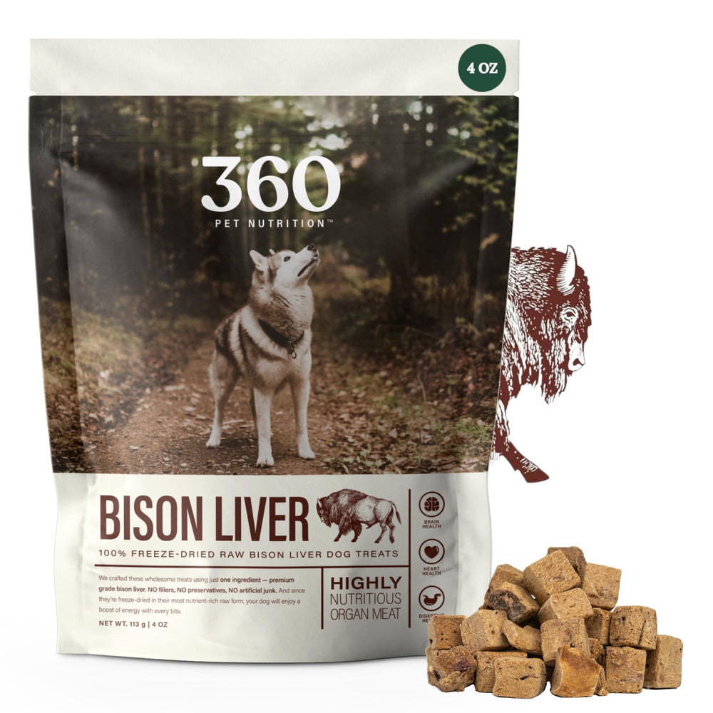 360 Pet Nutrition freeze-dried bison liver treats bag — high-protein, all-natural snack.