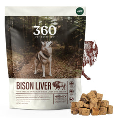 360 Pet Nutrition freeze-dried bison liver treats bag — high-protein, all-natural snack.
