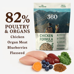 360 Pet Nutrition ingredients close-up with fruits and vegetables for balanced nutrition
