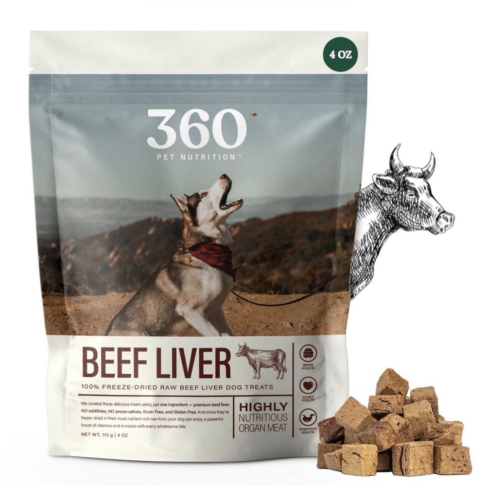 360 Pet Nutrition freeze-dried beef liver treat packaging close-up showing single-ingredient protein.