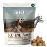 360 Pet Nutrition freeze-dried beef liver treat packaging close-up showing single-ingredient protein.
