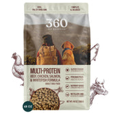 360 Pet Nutrition freeze-dried raw dog food bag closeup; premium USA-made formula for convenient meals.