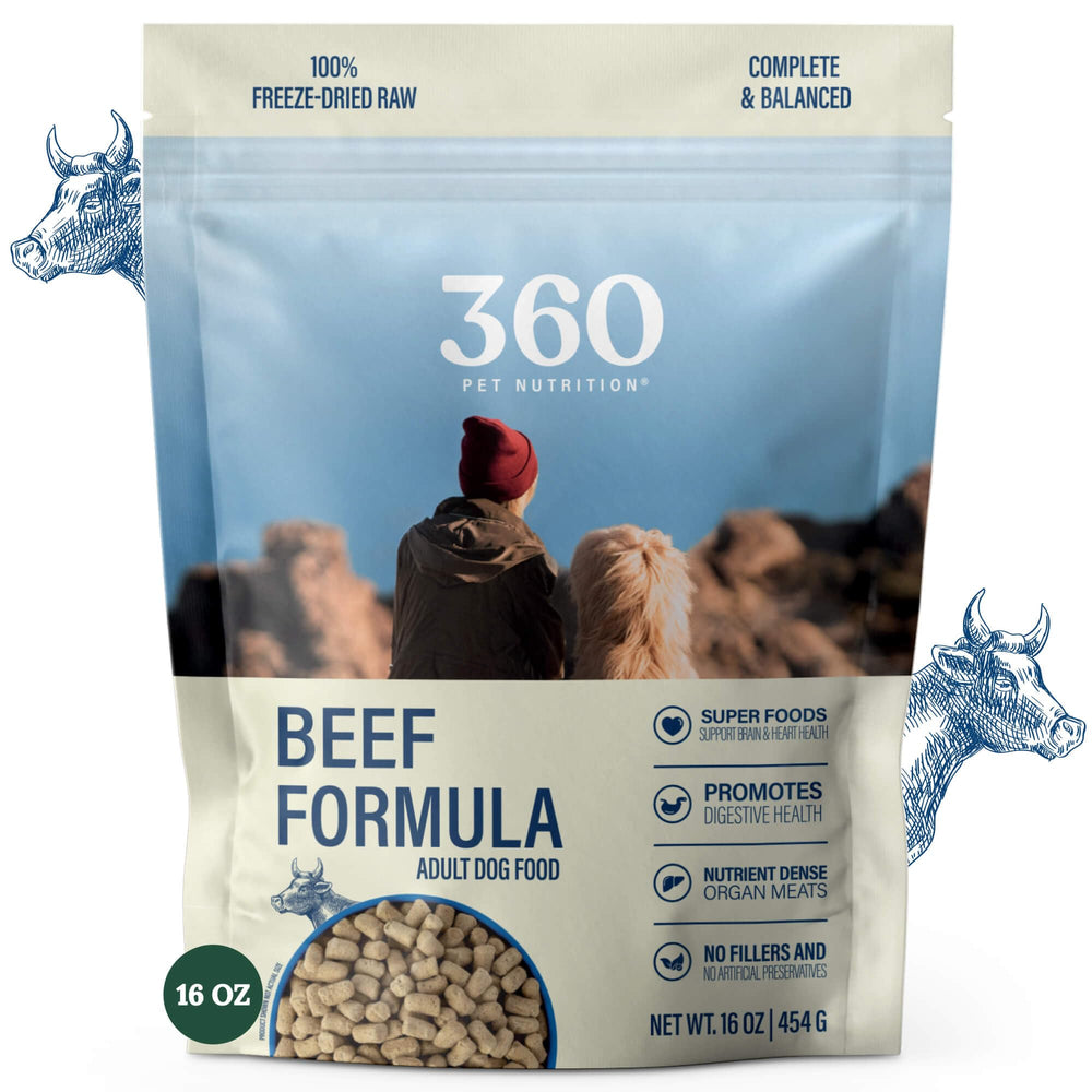 360 Pet Nutrition freeze-dried raw dog food beef liver organs serving—premium protein variety for meals