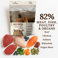 360 Pet Nutrition close-up of freeze-dried meat pieces and crunchy texture