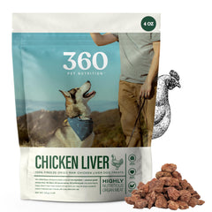 360 Pet Nutrition packaging shows freeze-dried chicken liver treats for dogs as grain-free rewards.