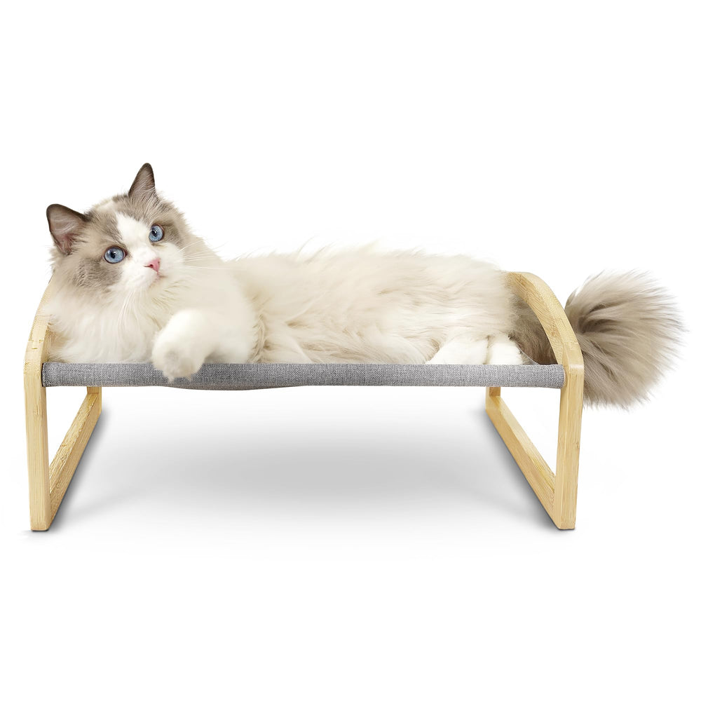 7 Ruby Road elevated cat bed cot stand provides sturdy bamboo support for a comfortable lounging spot.