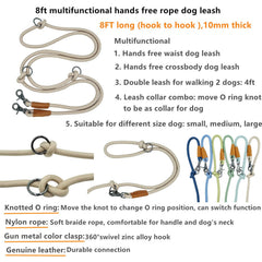 8FT hands-free dog rope leash leather grip handles enhance comfort during training