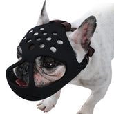 BARKLESS short-snout muzzle on dog provides secure, comfy fit for flat-faced breeds.