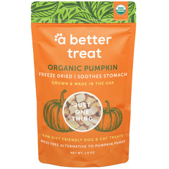 A Better Treat freeze dried pumpkin treats bag — ideal low calorie training reward.