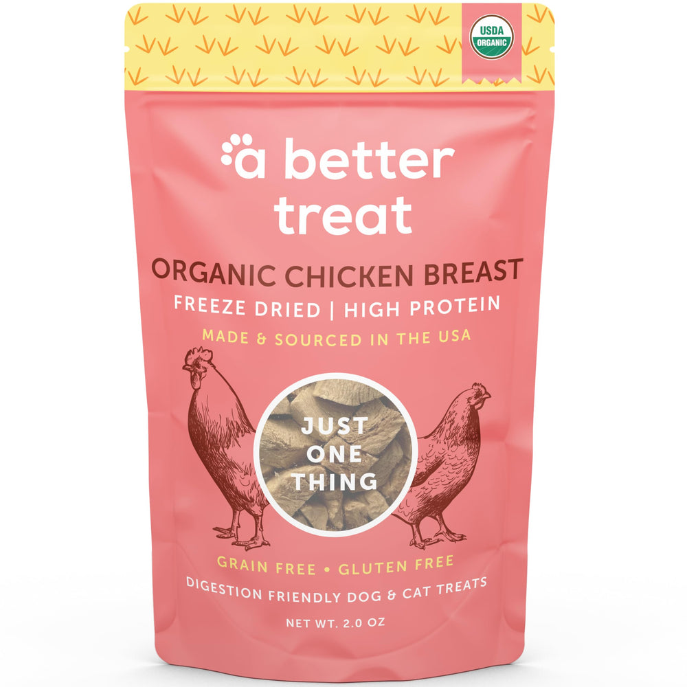A Better Treat organic freeze-dried chicken bag highlights single-ingredient reward for training.