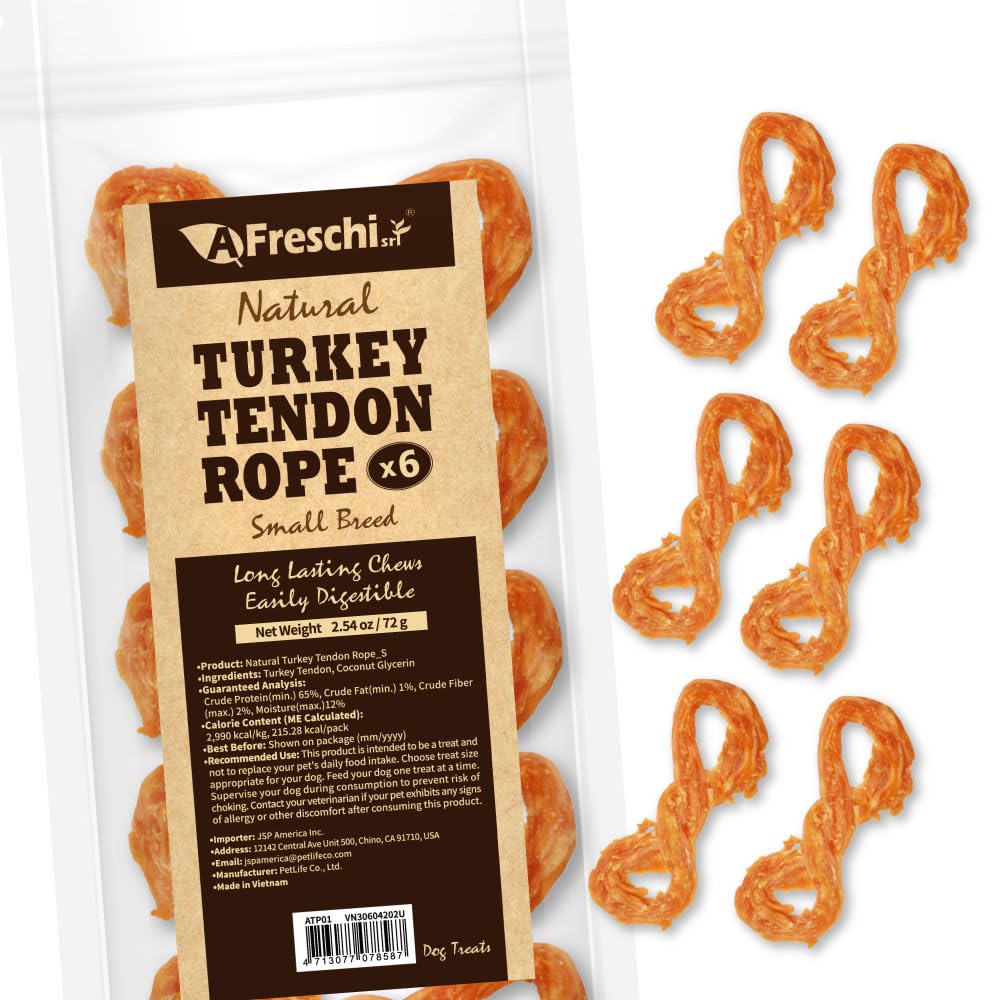 A Freschi srl turkey tendons pack front hints at USA-sourced quality for small dogs.