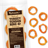 A Freschi srl turkey tendons packaging front showcases USA-sourced high-protein treats