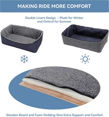 A 4 Pet cushion closeup highlights dual-sided, machine-washable comfort for all seasons.