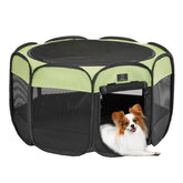 A 4 Pet playpen folded for travel, ready to pack for trips.