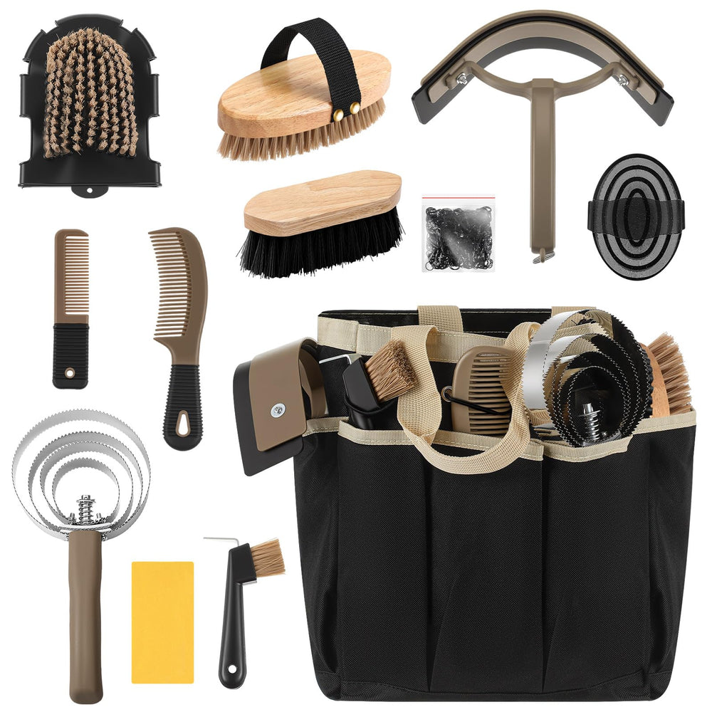 Abbylike 12-piece grooming kit with organizer tote in Khaki for easy stable grooming