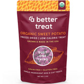 A Better Treat bag open showing freeze-dried purple sweet potato treats for training rewards
