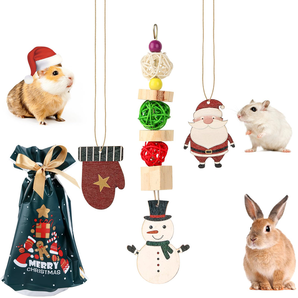 Abizoo Christmas guinea pig chew toy pack showcases wood and rattan for safe chewing and enrichment