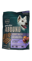 Abound grain-free duck treats bag front shows a protein-rich snack for healthy muscles