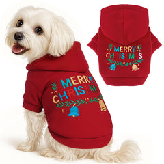 ABRRLO red Christmas dog hoodie front view shows cozy warmth for small breeds.