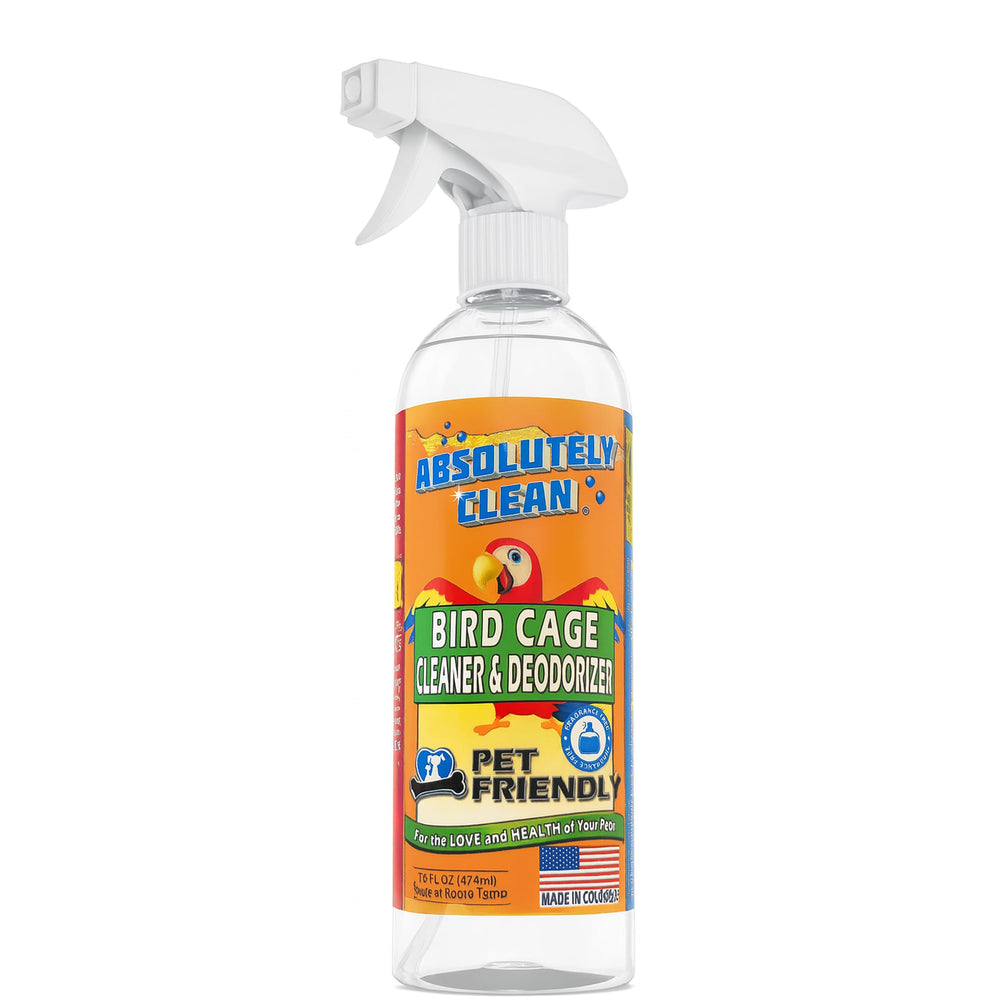Absolutely Clean Bird Cage Cleaner bottle 16oz showing fast-acting stain removal and odor control.