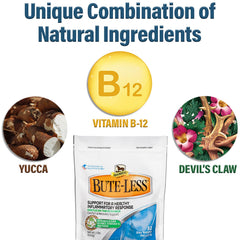 Absorbine Bute-Less pellets in a feeding bowl supporting healthy inflammation.