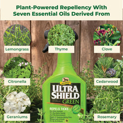 Absorbine UltraShield Green label details emphasize eco-safe daily usage and USA-made quality