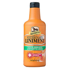 Absorbine Vet Liniment label highlights deep penetrating heat and antiseptic benefits