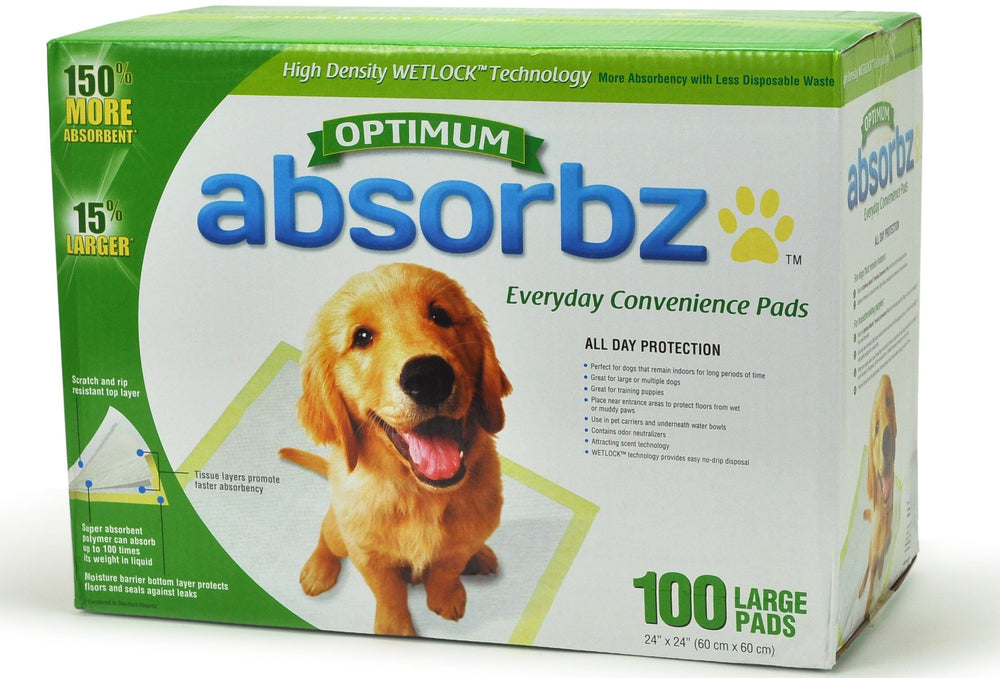 Absorbz Optimum Training Pads for Dogs provide indoor protection and no-drip disposal.