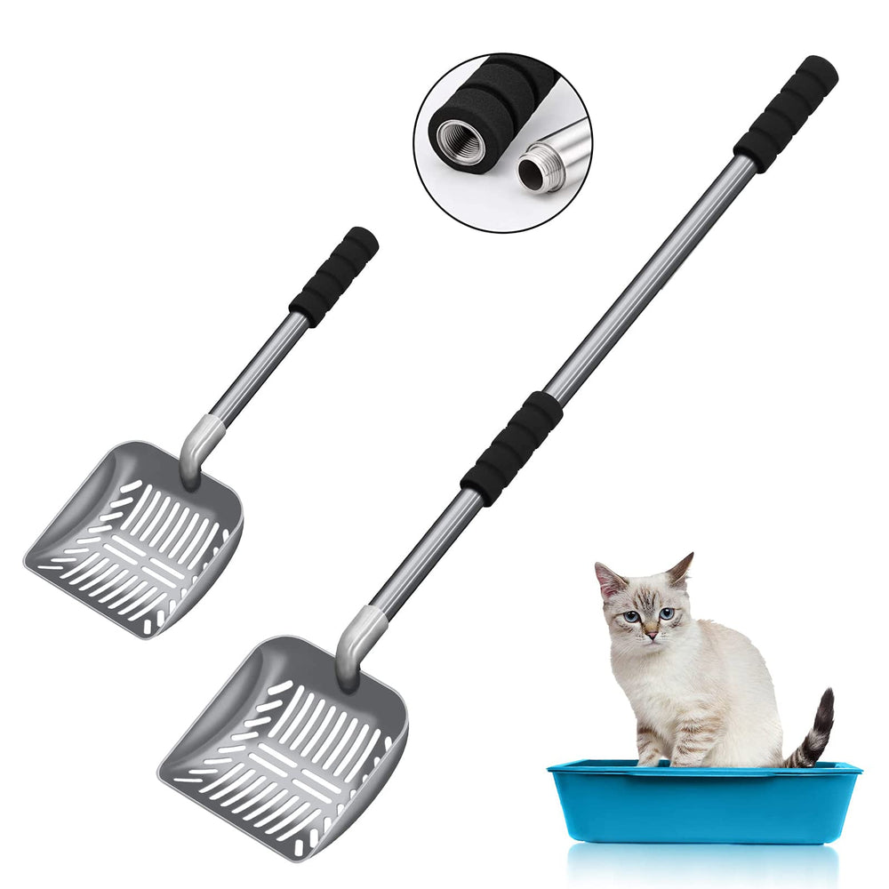 Acalu cat litter scoop with long handle extended for comfortable back-safe cleaning