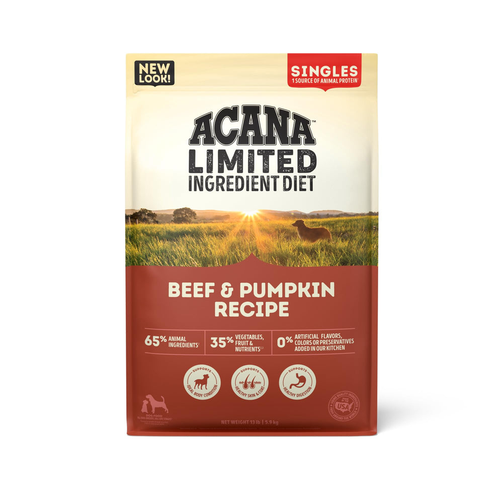 ACANA Singles beef-pumpkin dry dog food 13lb bag high-protein nutrition for all life stages.