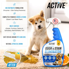 ACTIVE enzyme cleaner used on puppy accidents to remove odors from carpet and upholstery.