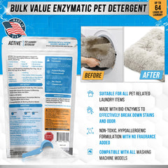 ACTIVE Detergent in washing machine drum suggests deep-cleaning of pet fabrics.