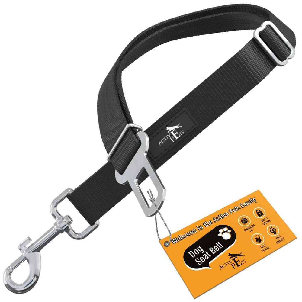 Active Pets black dog seat belt with a 360-degree rotating clasp for safer travels