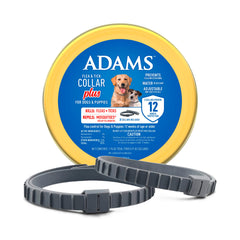ADAMS Flea & Tick Collar Plus packaging for dogs and puppies with two-pack value.