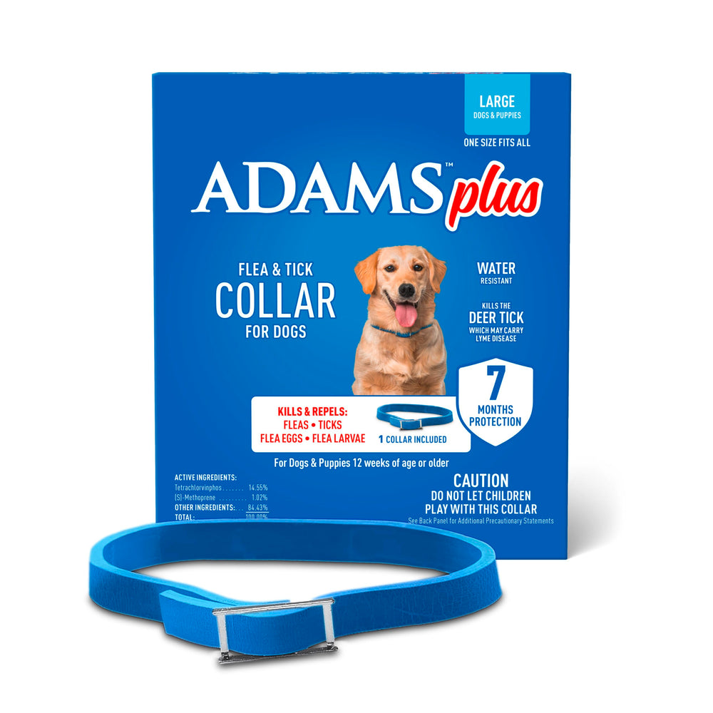 ADAMS Plus flea & tick collar on a dog's neck with adjustable fit for large dogs.