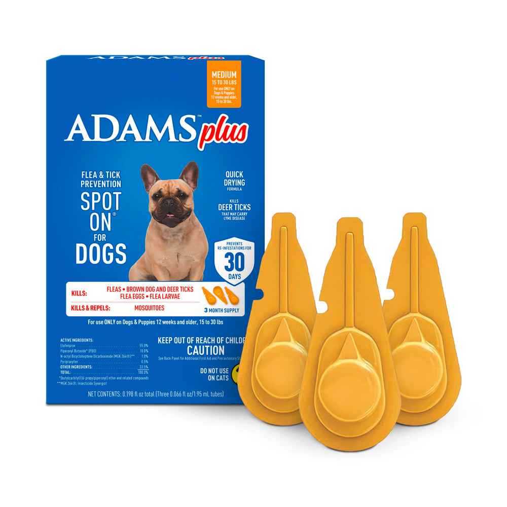 Adams Plus flea-tick spot-on application on a dog's back shows fast flea kill