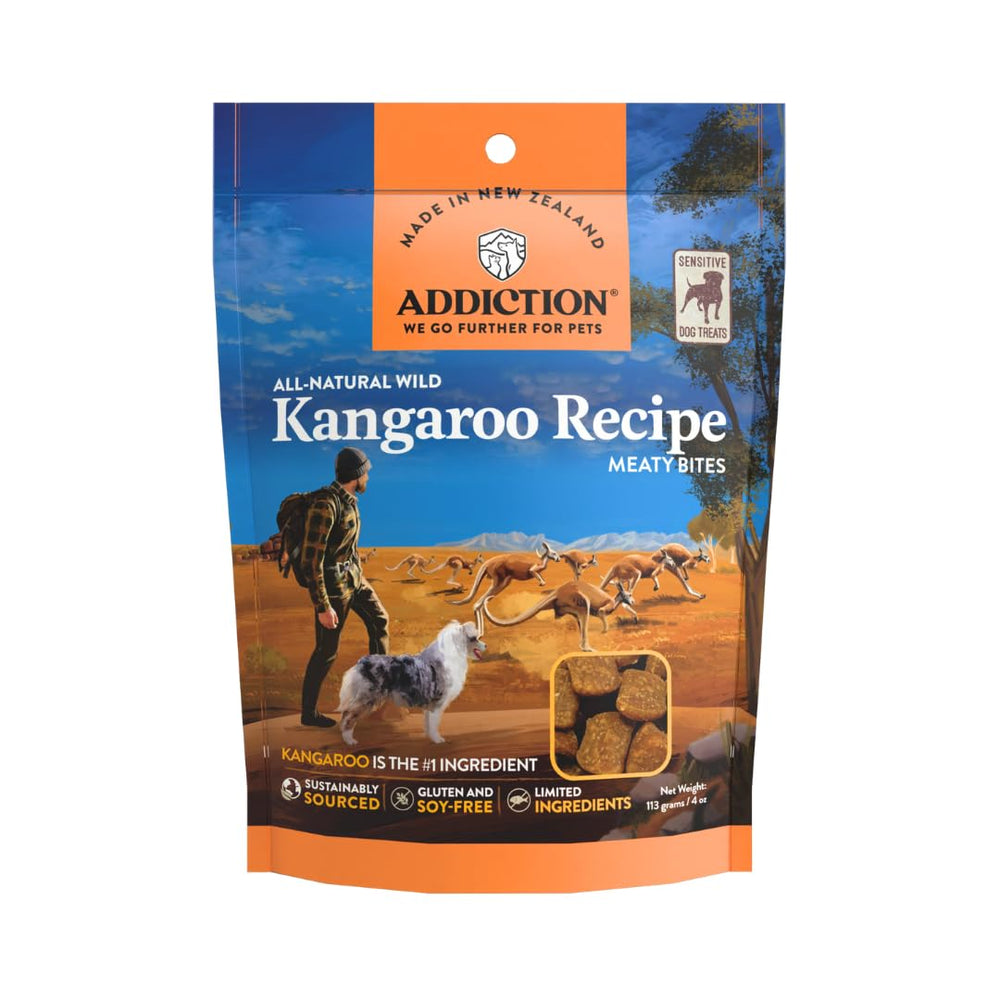 Addiction Meaty Bites kangaroo treats packshot highlighting grain-free formula for sensitive dogs.
