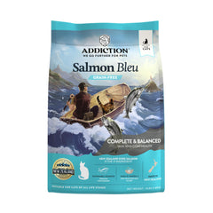 Addiction Salmon Bleu dry cat food bag showing premium NZ king salmon protein for lean nutrition