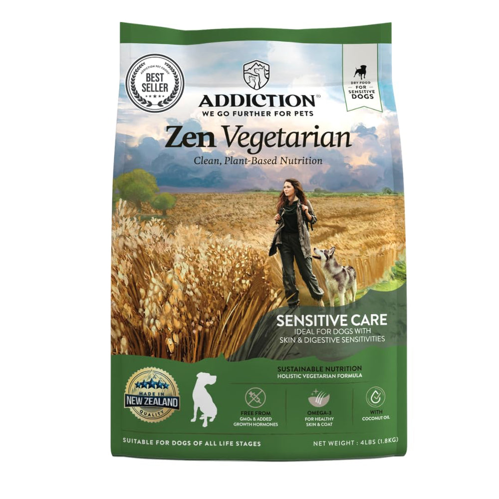 Add Addiction Zen Vegetarian dry dog food in a bowl ready to serve, ideal for sensitive dogs.