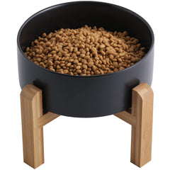Addogyy black elevated ceramic dog bowl with wood stand for easy, comfortable meals.