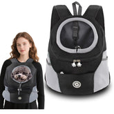 Adjustable dog backpack carrier front view with breathable mesh for cool hikes