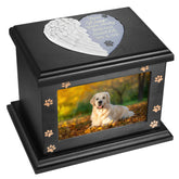 ADMLC pet memorial urn with large wooden frame for cherished photos.