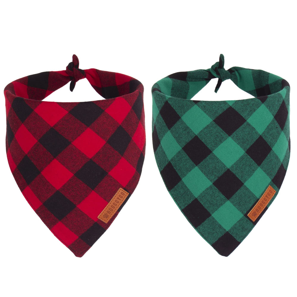 ADOGGYGO Christmas bandana in red plaid on a dog for a festive photo moment.