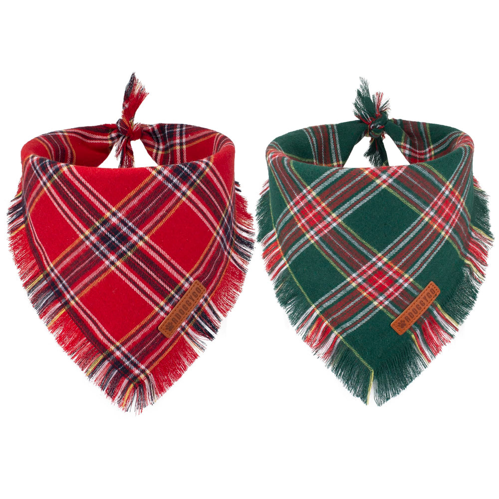 ADOGGYGO Christmas bandana in red plaid tassels worn for festive photos.