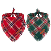 ADOGGYGO Christmas bandana in red plaid tassels worn for festive photos.